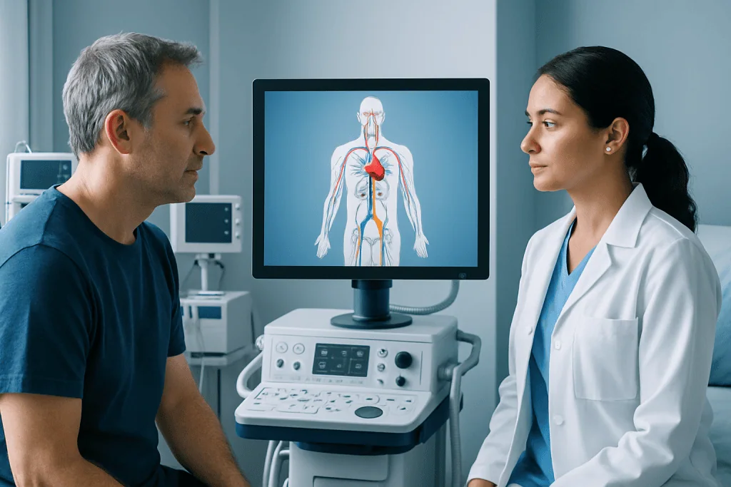 Doctor explaining circulatory system to patient in hospital setting.