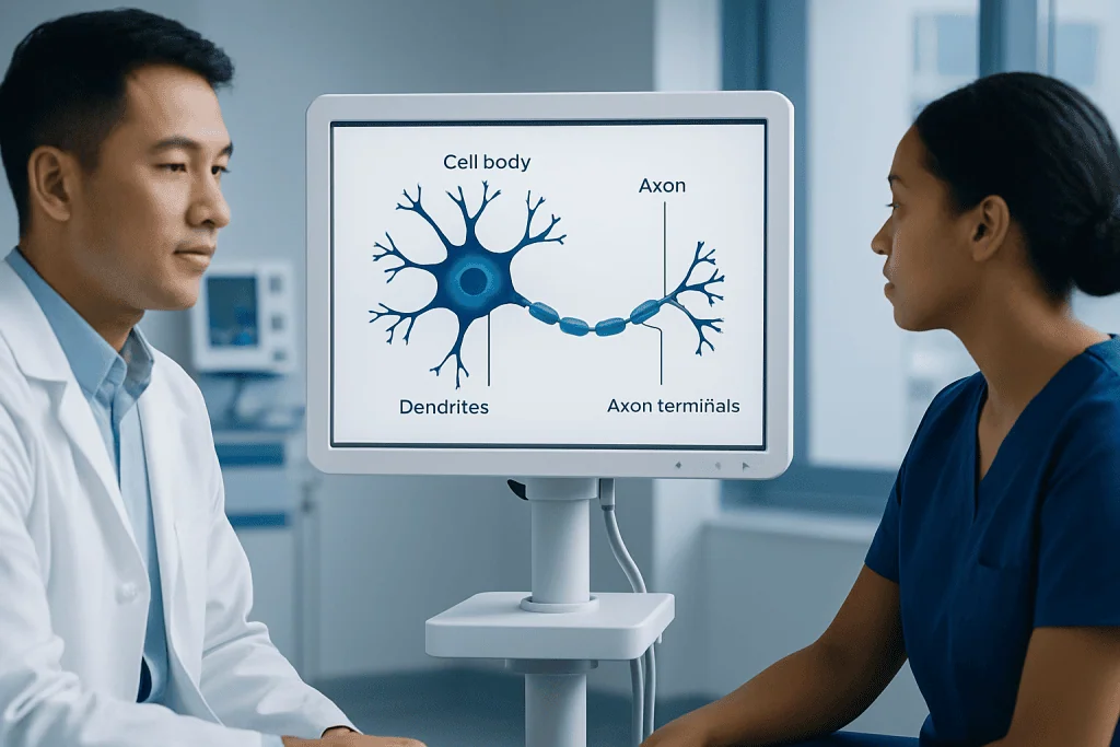 Medical professionals discussing neuron structure with diagram on monitor.