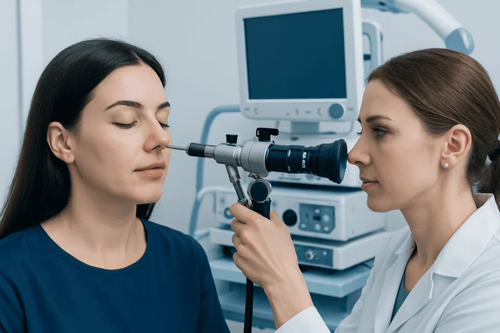 Otolaryngologist examining a patient's nasal cavity with an endoscope.