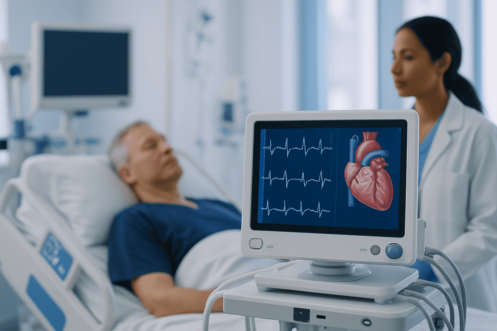 Medical professional monitoring heart health of patient in hospital.