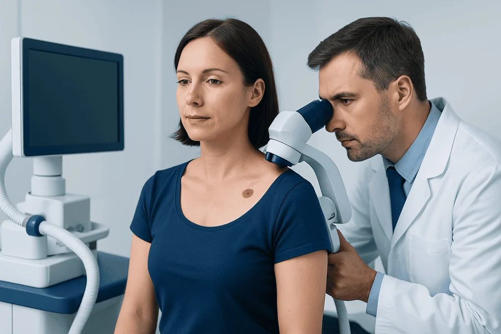 Dermatologist examines mole on woman's shoulder with microscope.