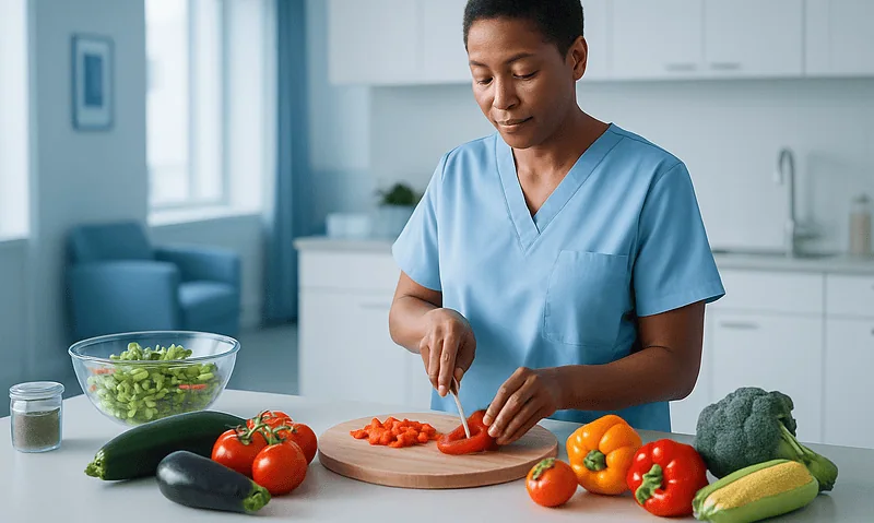 Healthcare professional preparing fresh vegetables in a modern kitchen.
