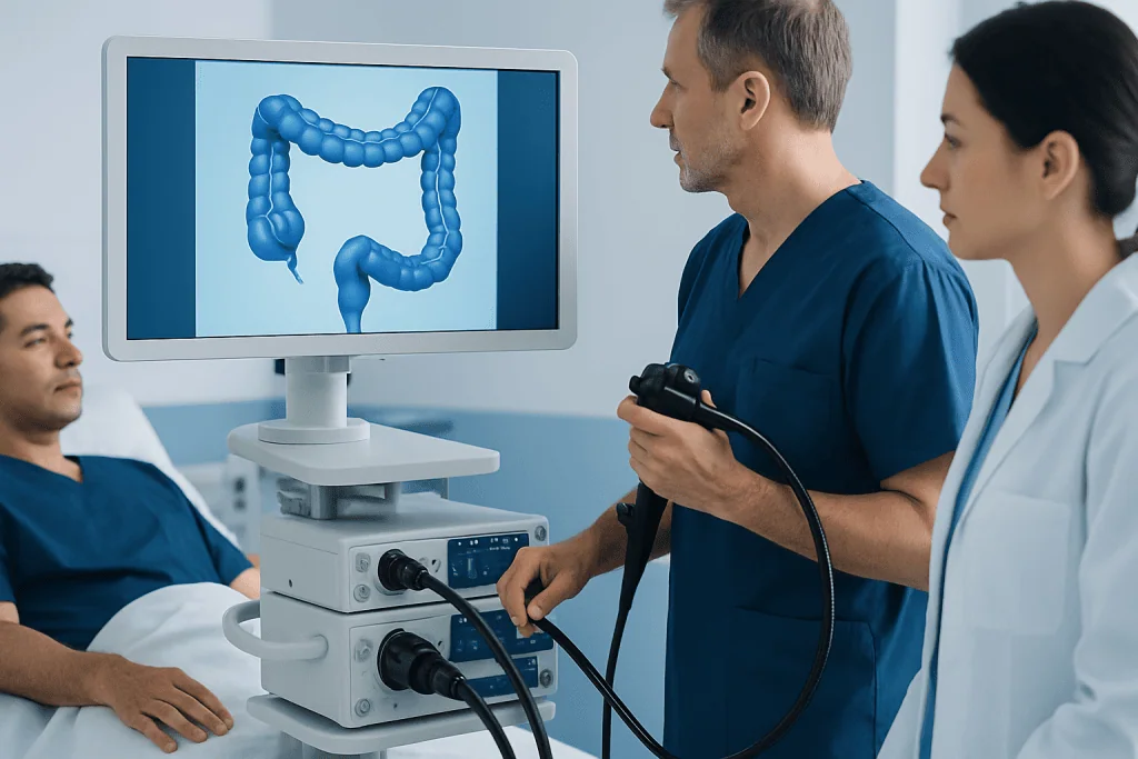 Medical professionals examining colon anatomy on a monitor in a hospital setting.