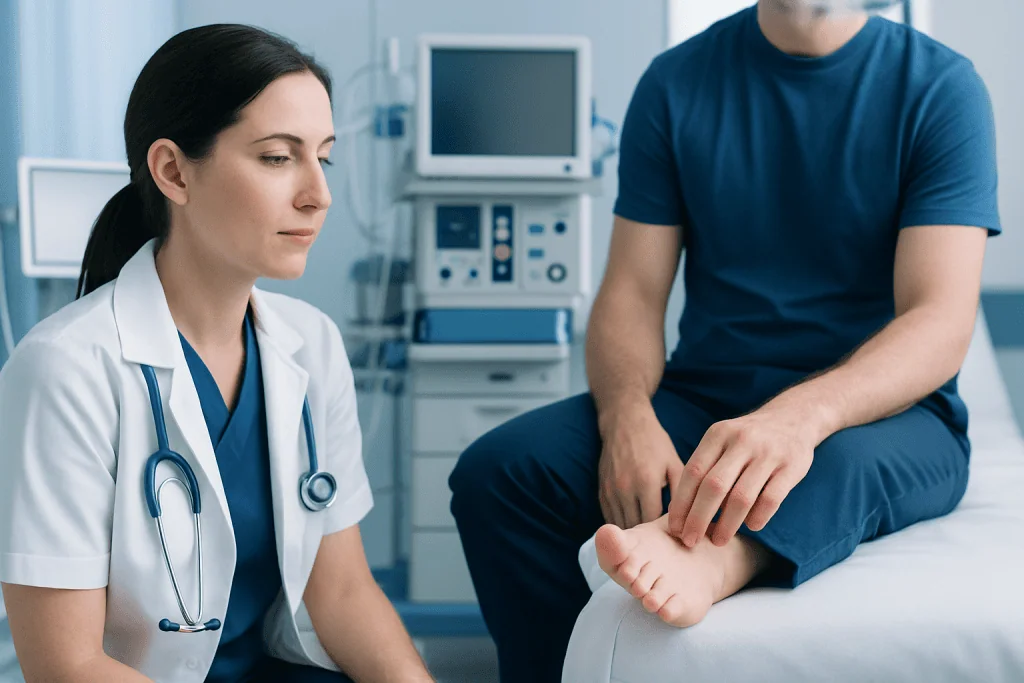 Doctor examining patient's foot in a clinical setting at Acibadem Hospitals.