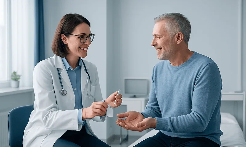 Doctor handing medication to an elderly male patient in a clinic setting.