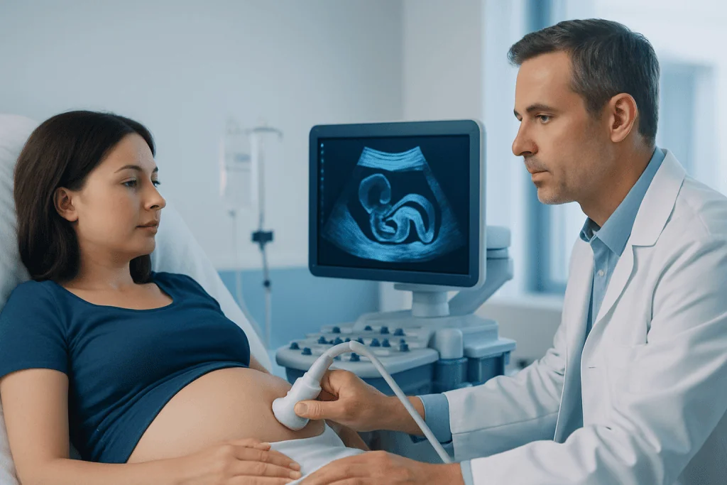 Doctor performing ultrasound on pregnant woman in hospital.