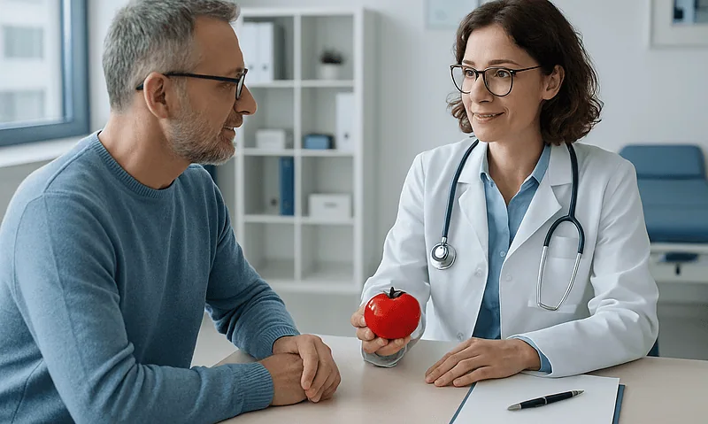 Doctor consulting with a patient holding a red apple in a medical office.