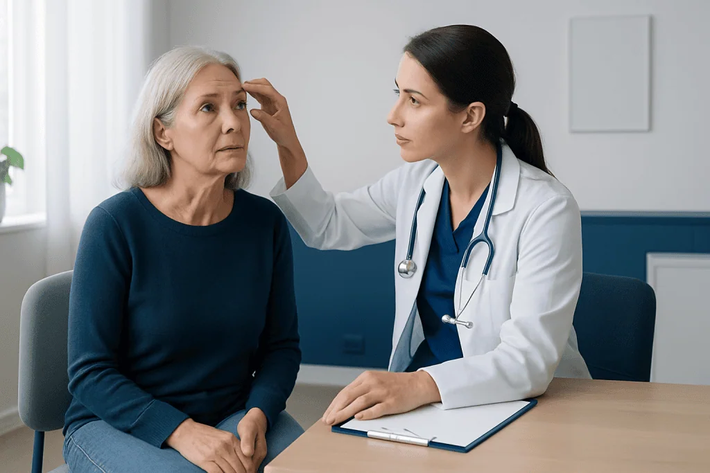 Doctor examining elderly woman's eyelids in consultation room.
