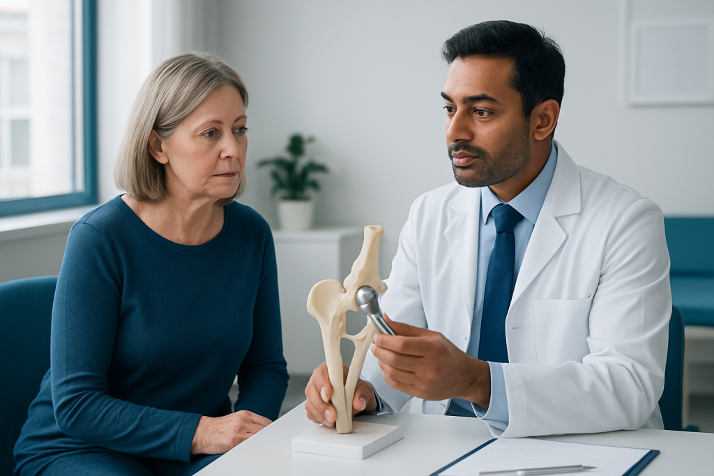 Orthopedic doctor explaining hip replacement to an elderly woman.