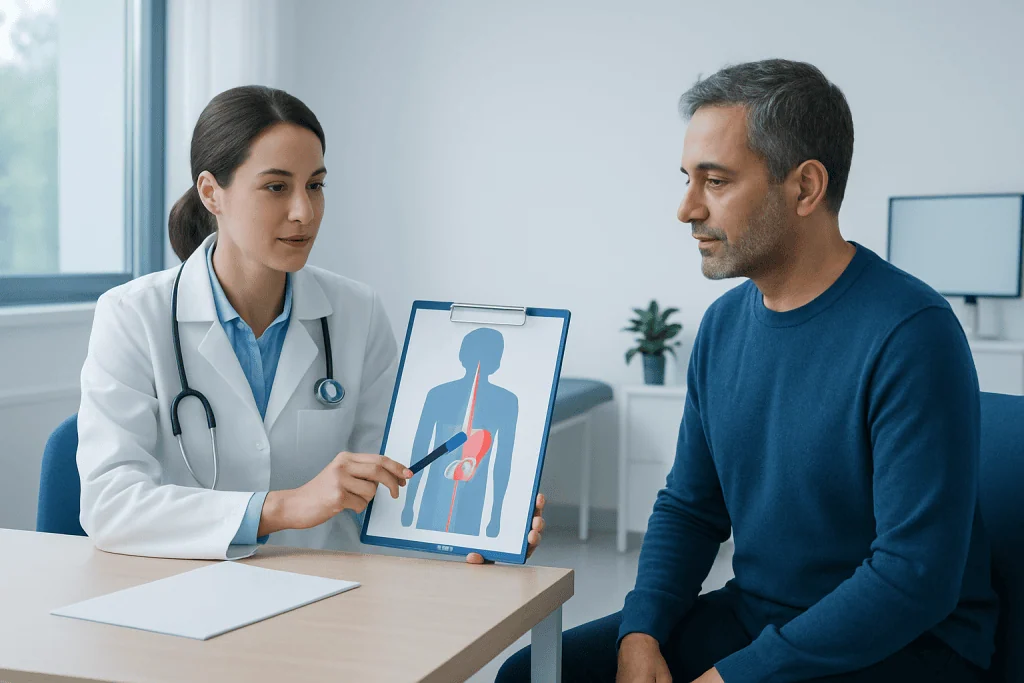 Doctor explaining esophageal cancer treatment options to patient.