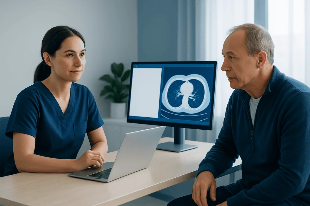Doctor discussing lung scan results with patient in a medical consultation room.