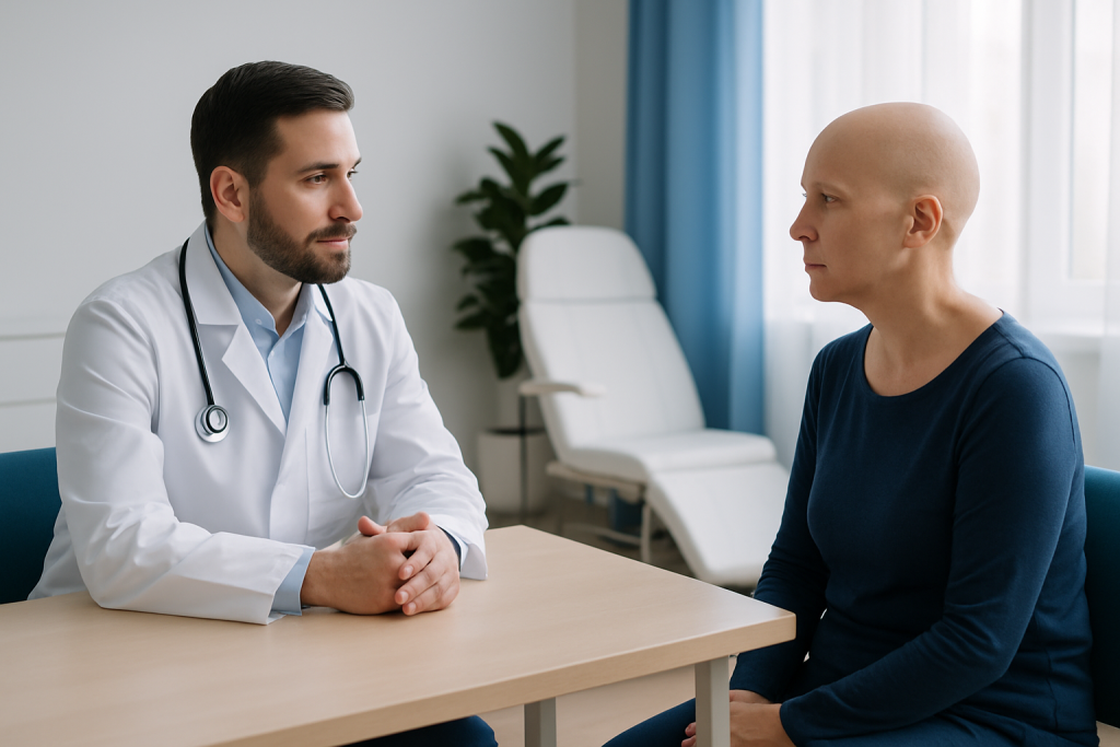 Doctor consulting patient in a hospital room with blue curtains and a white chair.