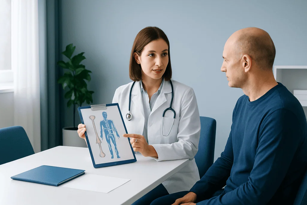 Doctor explaining bone marrow transplant process to patient in consultation room.