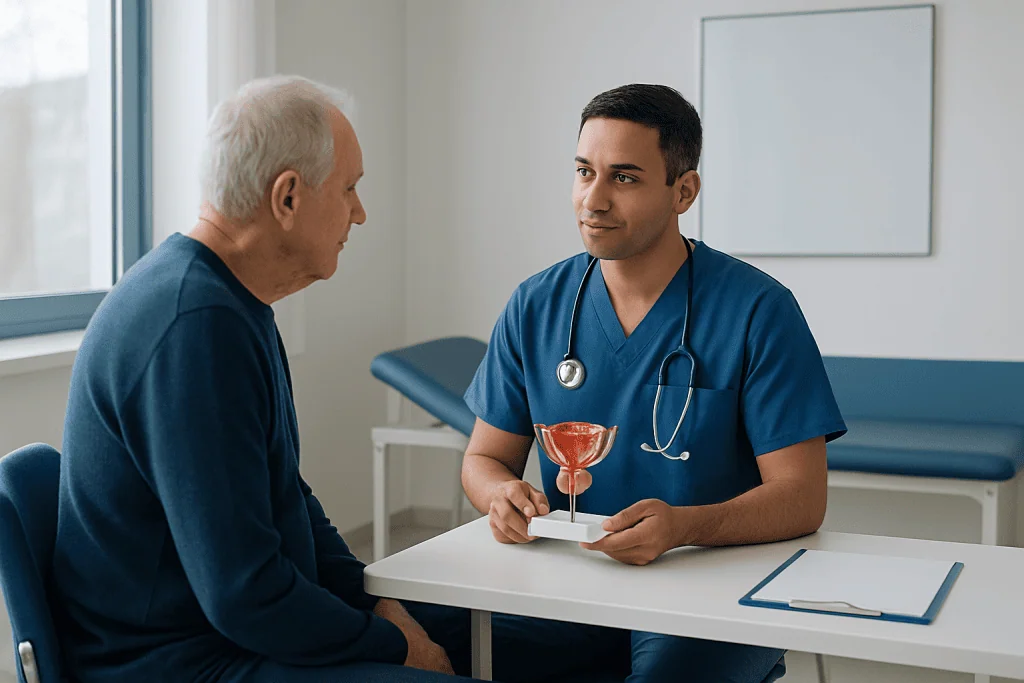 Urologist explaining prostate health to an elderly male patient in a clinic.