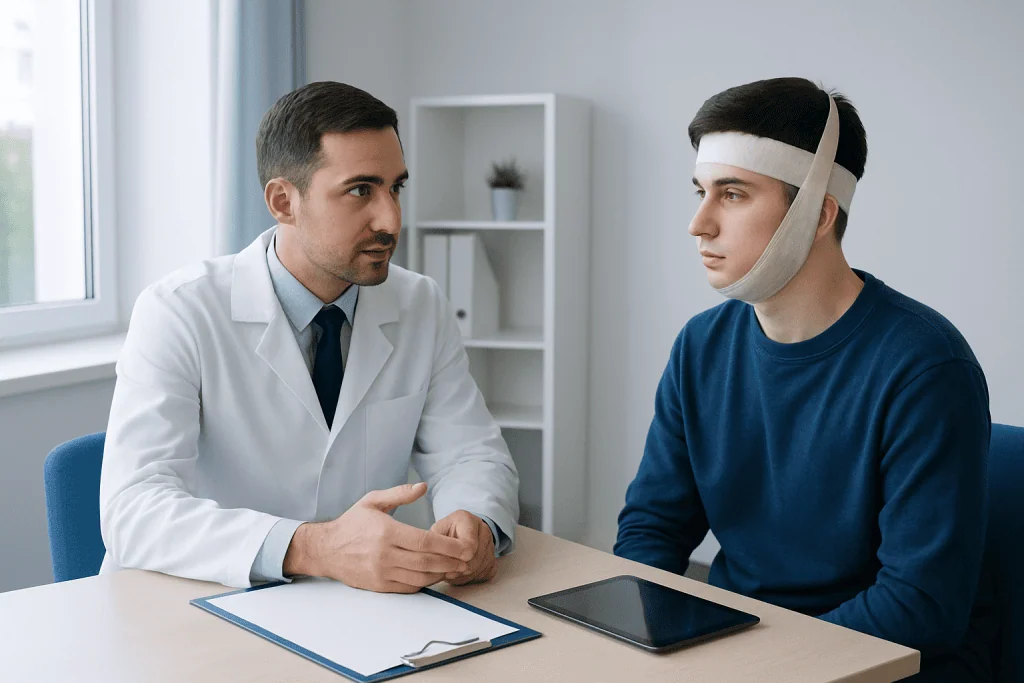 Doctor consulting with a young patient wearing a head bandage after jaw surgery.