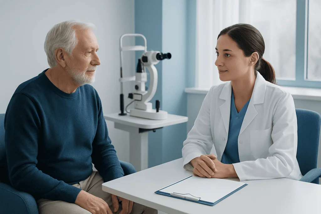 Ophthalmologist consulting with elderly patient in clinic.