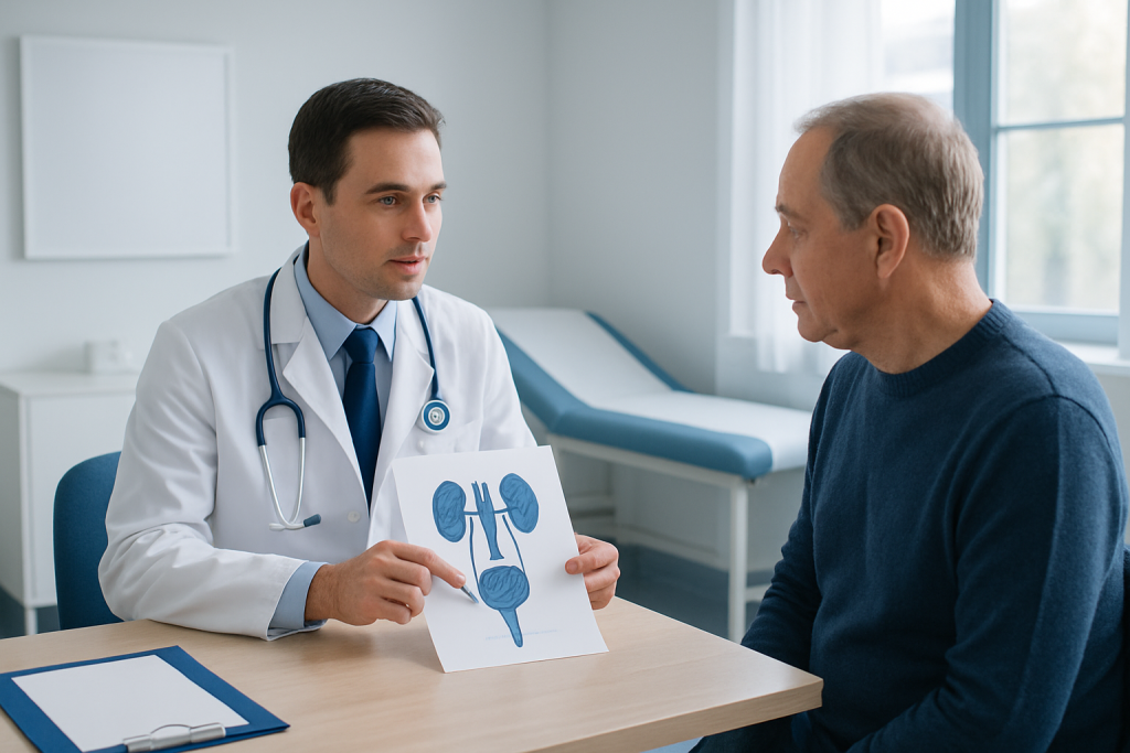Urologist explains prostate diagram to patient in consultation room.