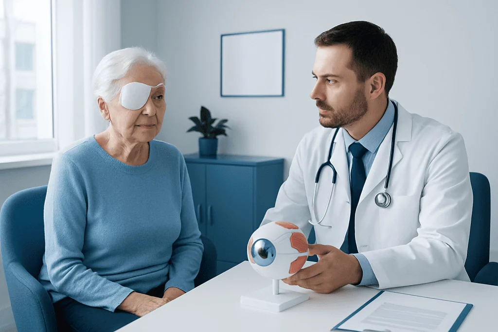 Ophthalmologist explains eye health to elderly patient with eye patch at clinic.