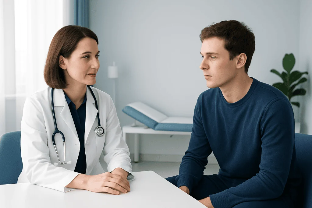 Doctor consulting with a young male patient in a medical office.