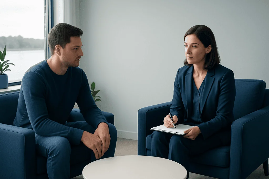 Therapist and patient in a counseling session at Acibadem Hospitals Group.