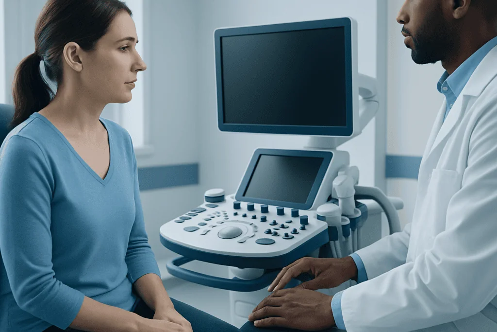 Doctor explaining ultrasound results to a patient in a medical clinic.