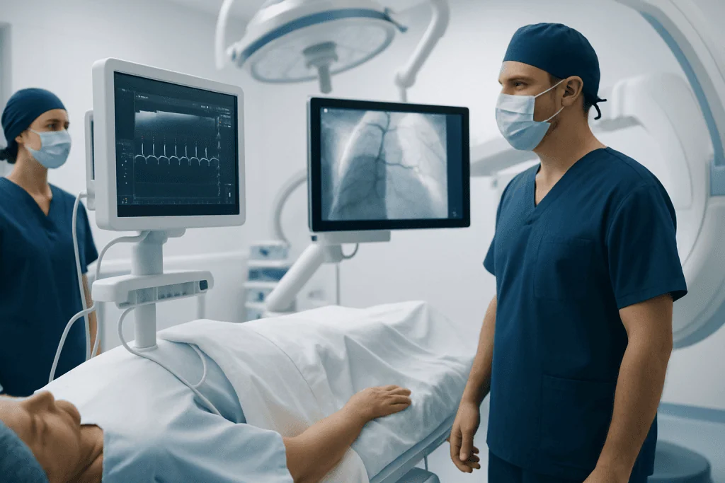 Cardiothoracic surgeons performing a procedure in a modern hospital operating room.