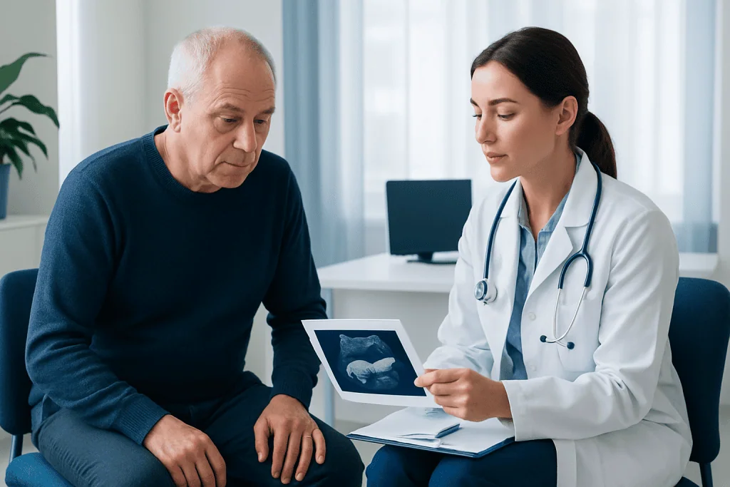 Doctor explaining pancreatic ultrasound results to an elderly patient.