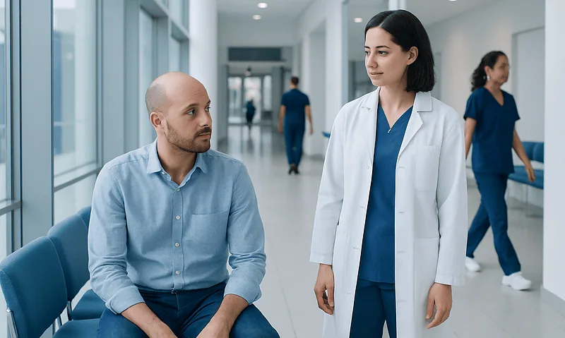 Patient consulting with doctor in hospital corridor.