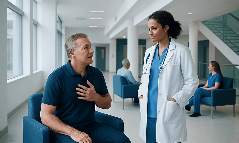 Doctor consulting a patient in a hospital waiting area.
