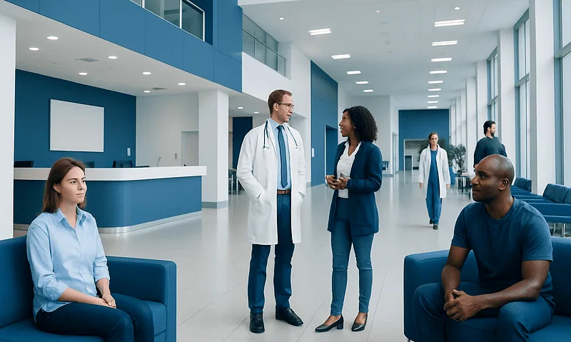 Medical professionals and patients in a modern hospital lobby.