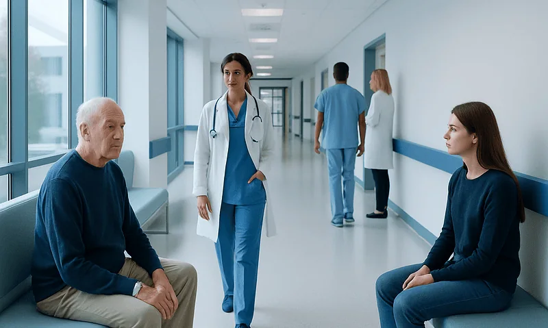 Doctor consulting elderly patient in hospital corridor at Acibadem Hospital.