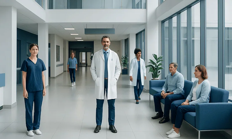 Medical team in modern hospital lobby with patients and staff.