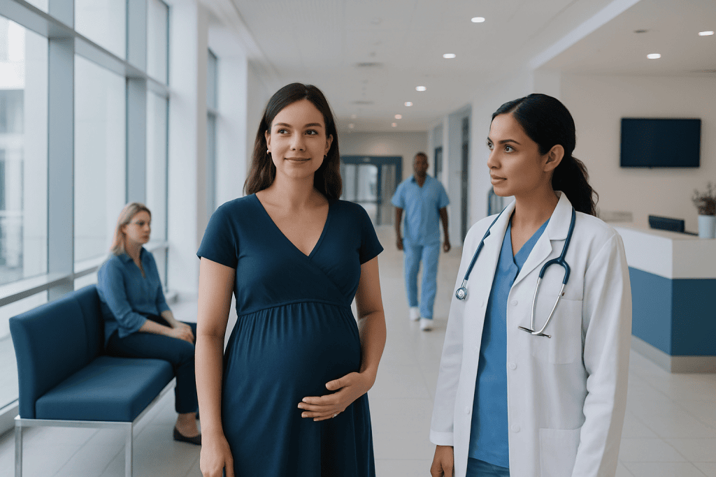 Can You Be Ovulating While Pregnant? A Doctor-Reviewed Answer 1 Pregnant woman consulting with a doctor in a hospital corridor.