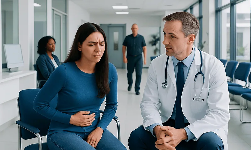 Doctor consulting with a woman patient in a modern hospital corridor.