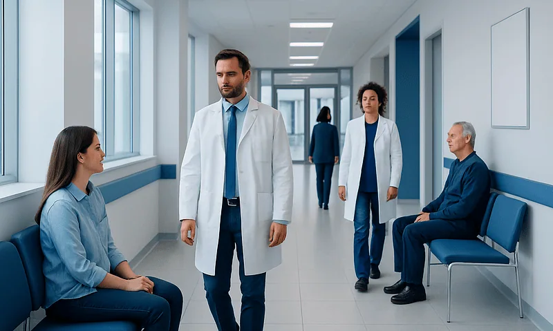 Medical professionals consulting with a patient in a hospital corridor.