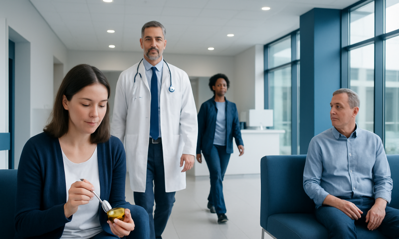 Doctor and patients in a modern hospital waiting area.