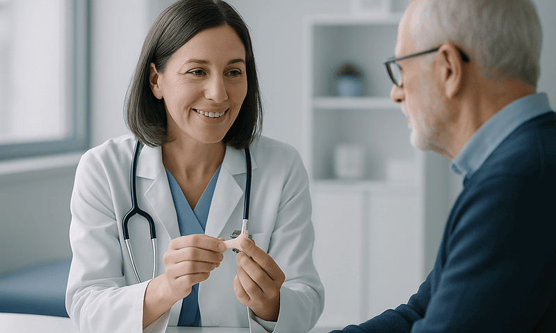 Doctor explaining ear anatomy to elderly patient in clinic.