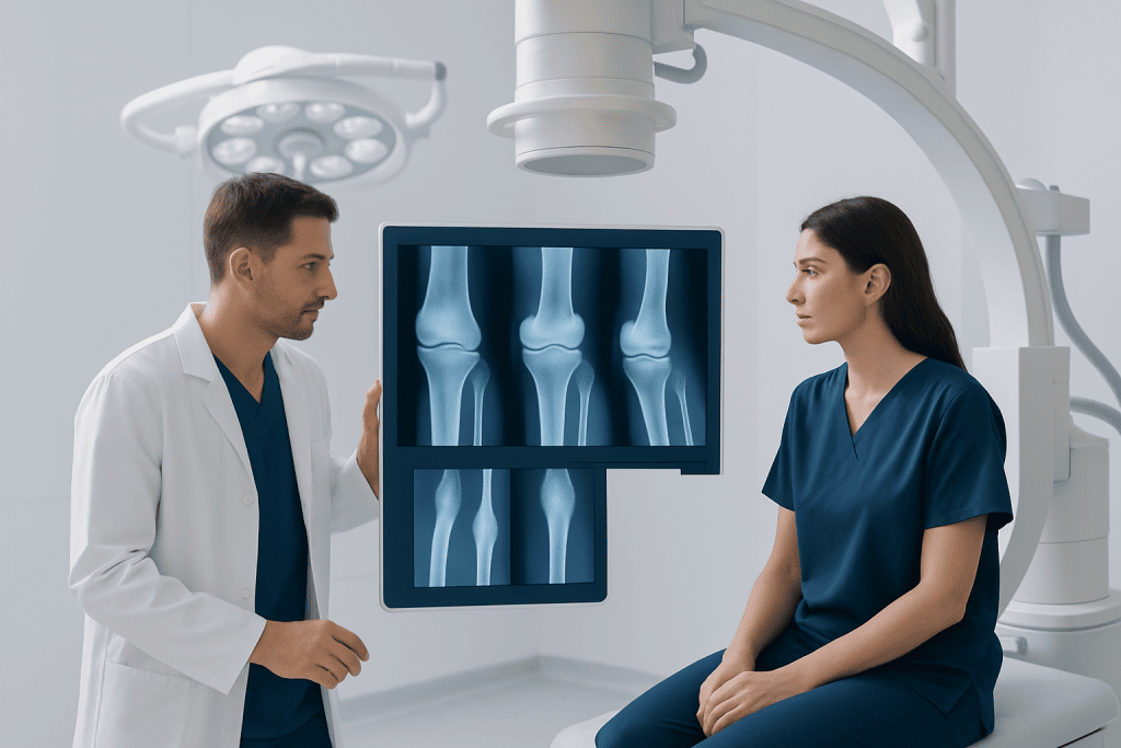 Doctor explaining knee X-ray to patient in hospital setting.