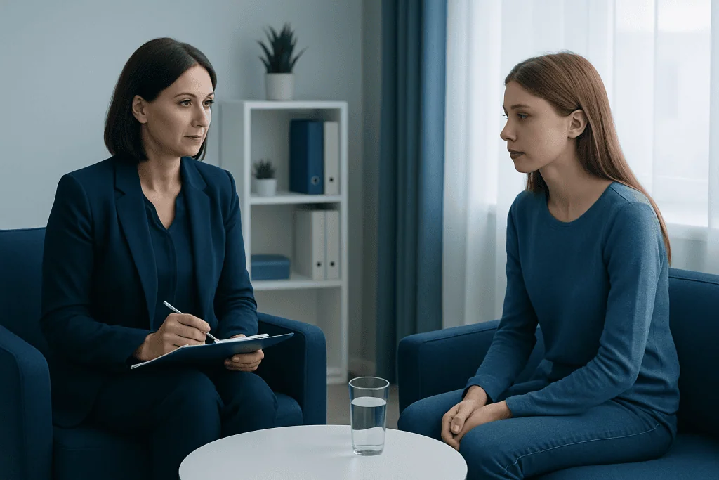 Therapist and patient in a counseling session at Acibadem Hospitals Group.
