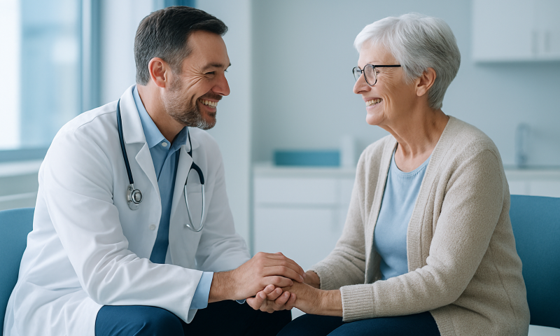 Doctor and elderly woman smiling and shaking hands in a medical consultation room.