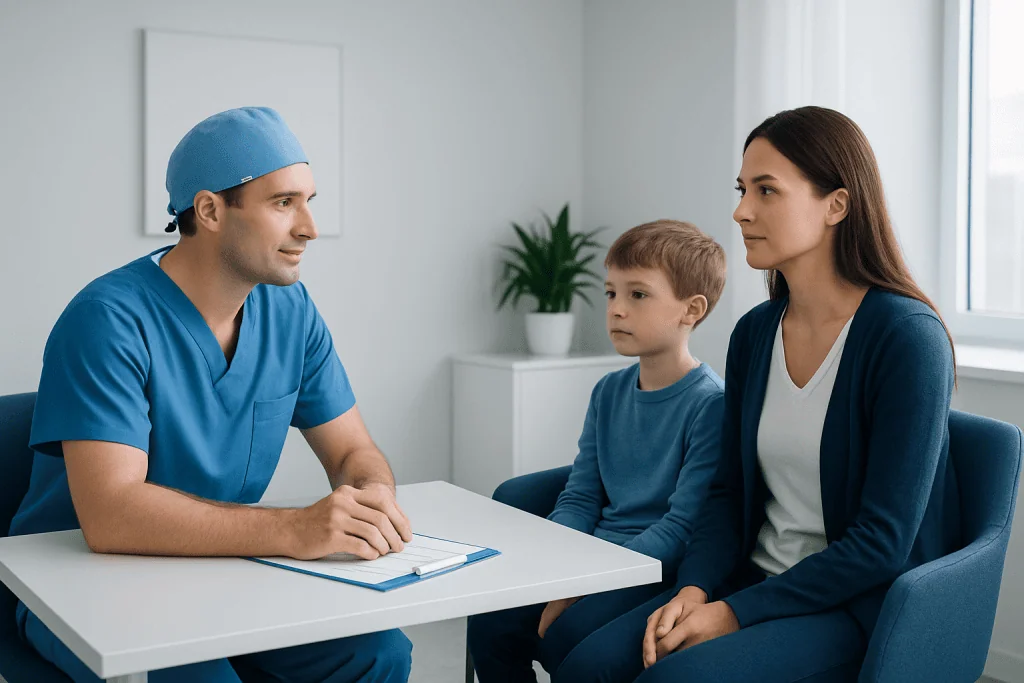 Doctor consulting with a young boy and his mother in a hospital setting.