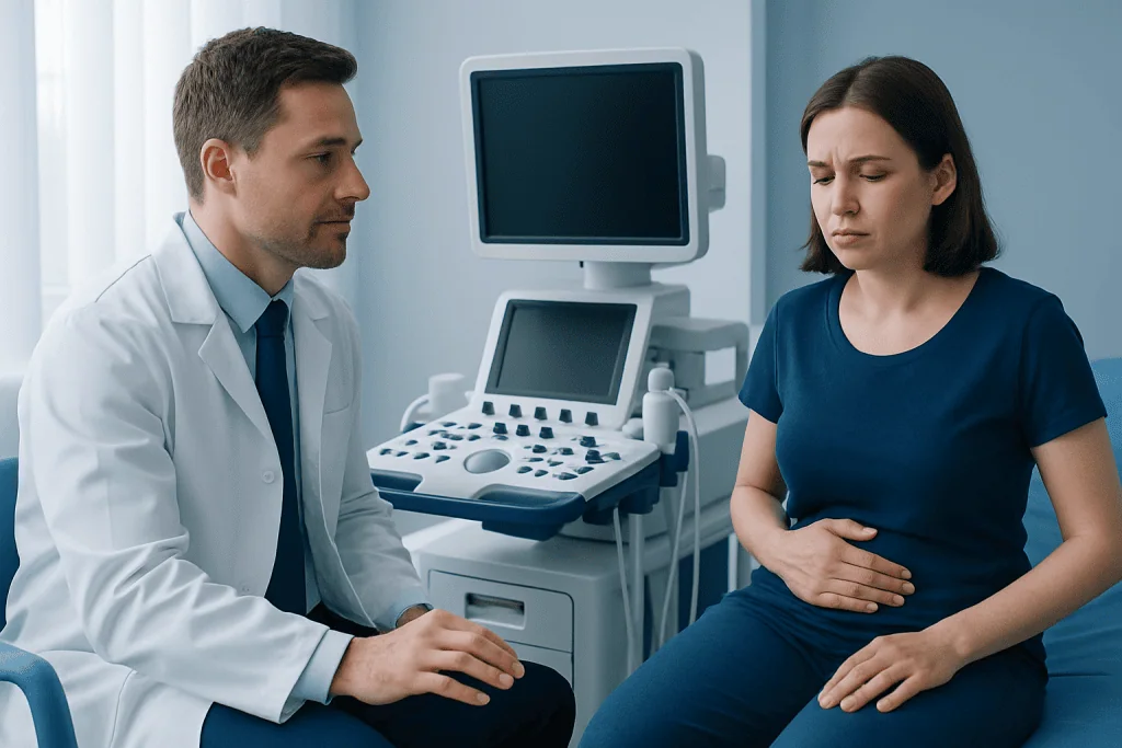 Doctor consulting with a patient experiencing stomach discomfort in a medical office.