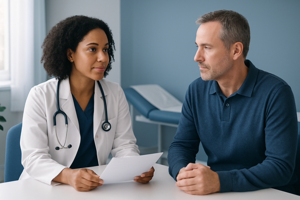 Doctor consulting with a male patient in a medical office setting.