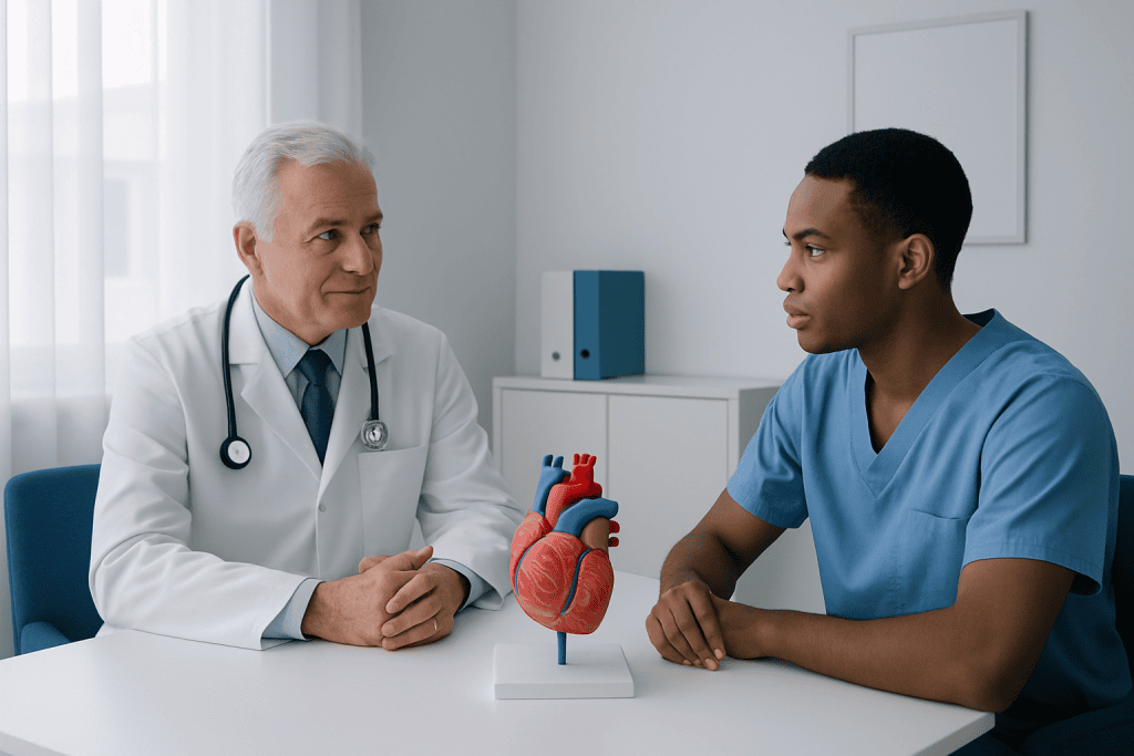 Doctor explaining heart health to a young patient with a heart model.