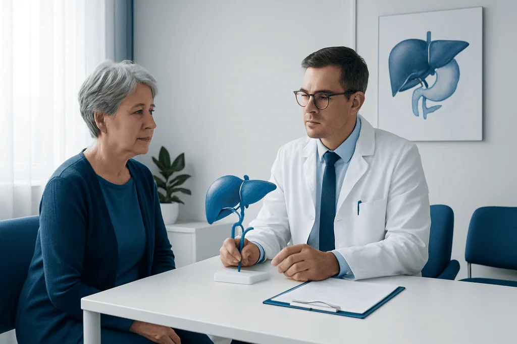 Doctor explaining liver health to an elderly woman in a consultation room.