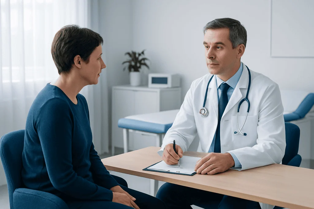 Doctor consulting with a patient in a medical office setting.
