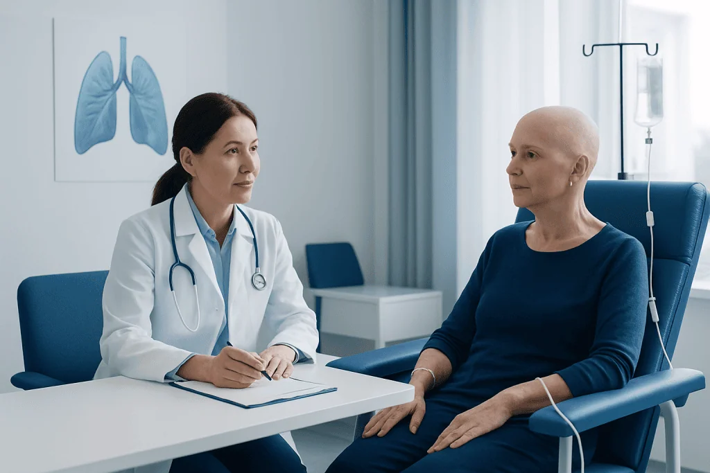 Doctor consulting a patient undergoing chemotherapy in a hospital room.