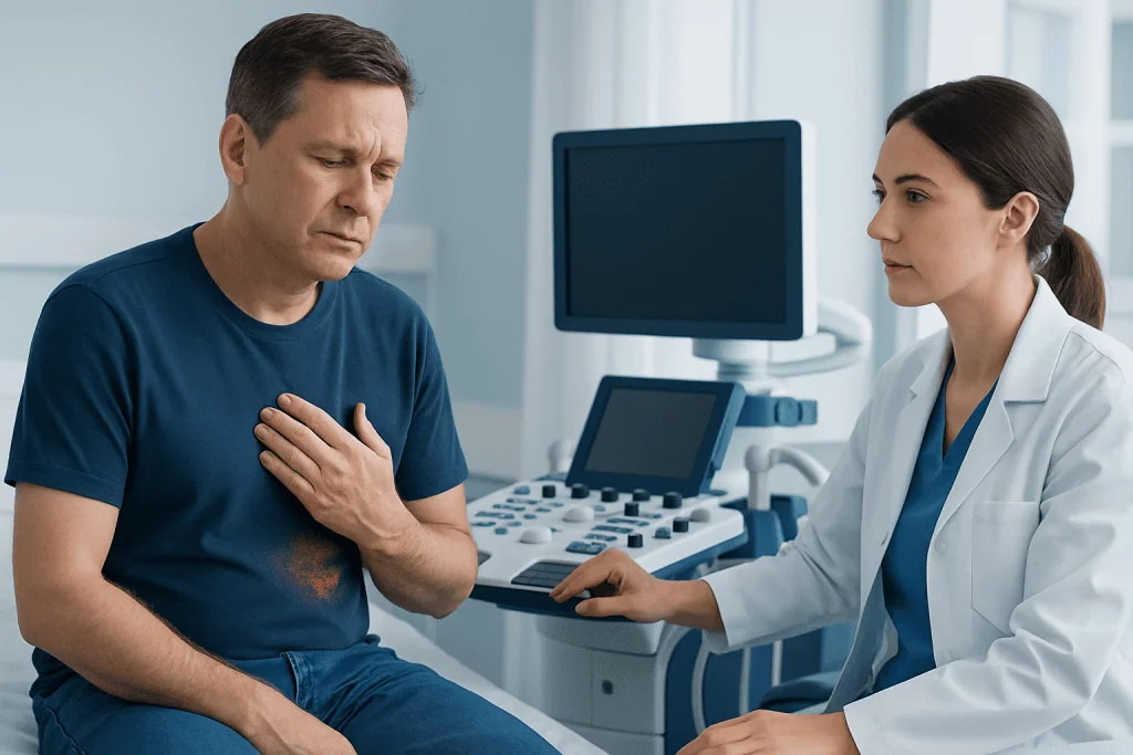 Patient experiencing chest pain during medical consultation at Acibadem Hospital.
