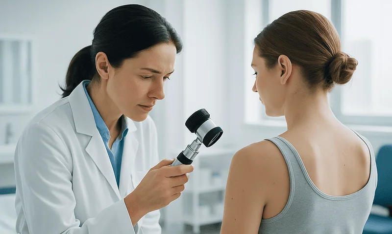 Dermatologist examining patient's skin with a magnifying glass in a clinic.