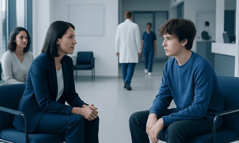 Teenager and doctor having a consultation in a hospital waiting area.